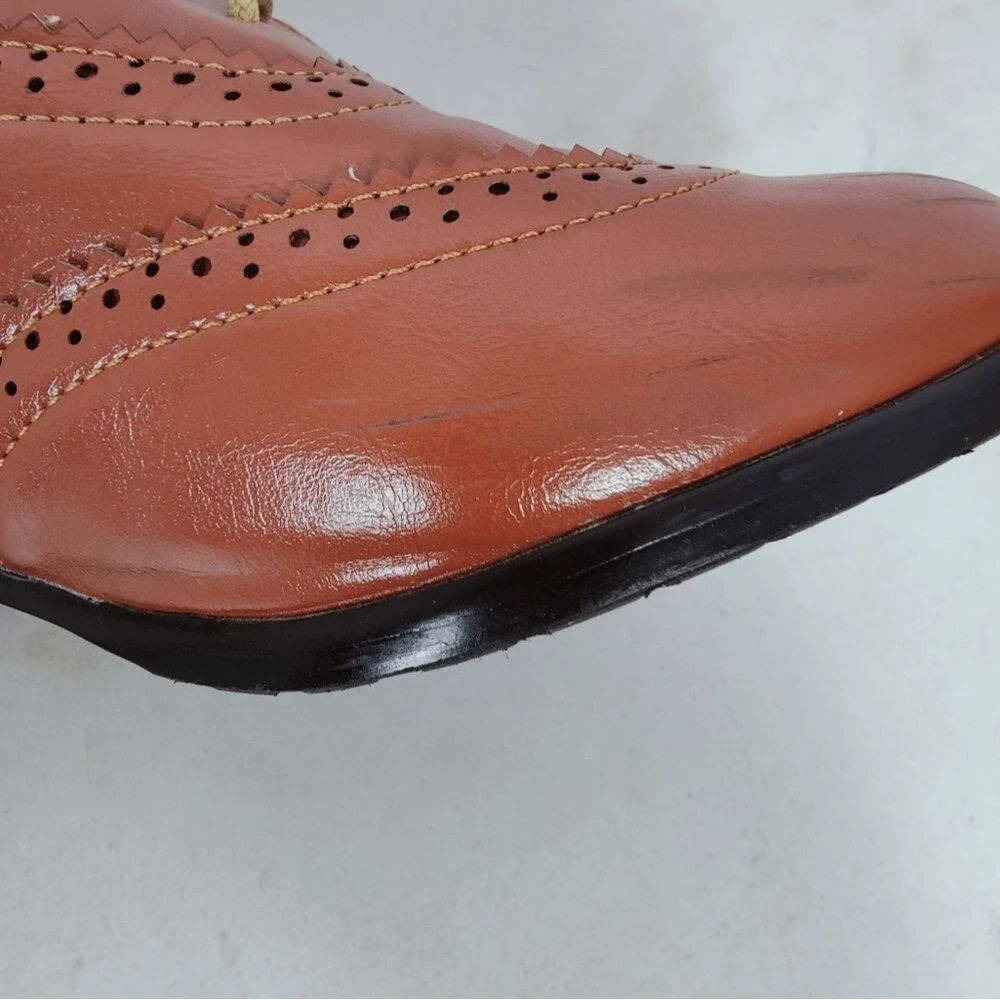 Odema Women's Brown Faux Leather Oxford Wingtip Brogue Heel Shoes, Sz 7